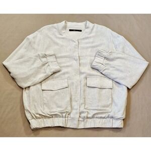 Azel Hazel jacket Womens XL Bomber Linen Blend Ivory Snap Front Pockets Woven